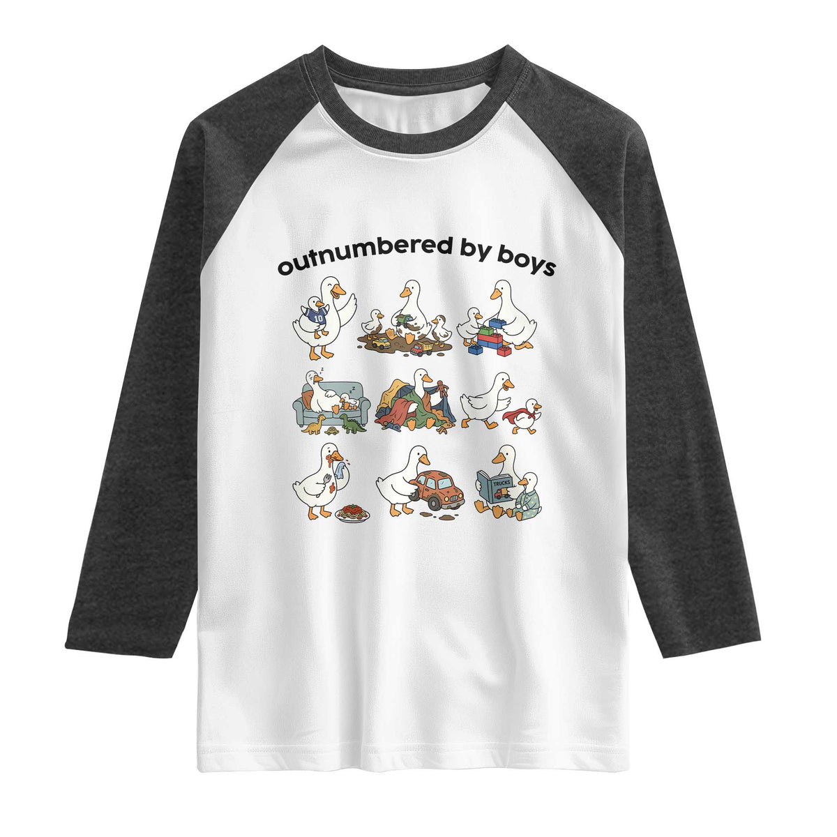 Outnumbered By Boys Funny Goose Mom Life Raglan Shirt Chaos Coordinator Motherhood Mothers Day Gag Gift TS02 White Heather Charcoal Print Your Wear