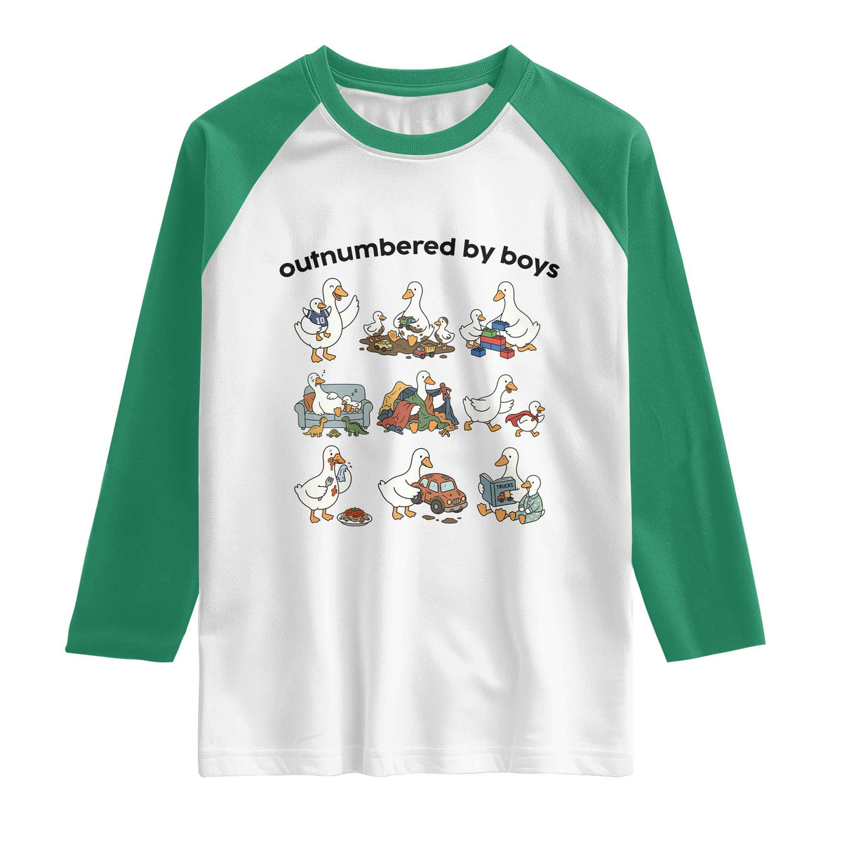 Outnumbered By Boys Funny Goose Mom Life Raglan Shirt Chaos Coordinator Motherhood Mothers Day Gag Gift TS02 White Kelly Green Print Your Wear