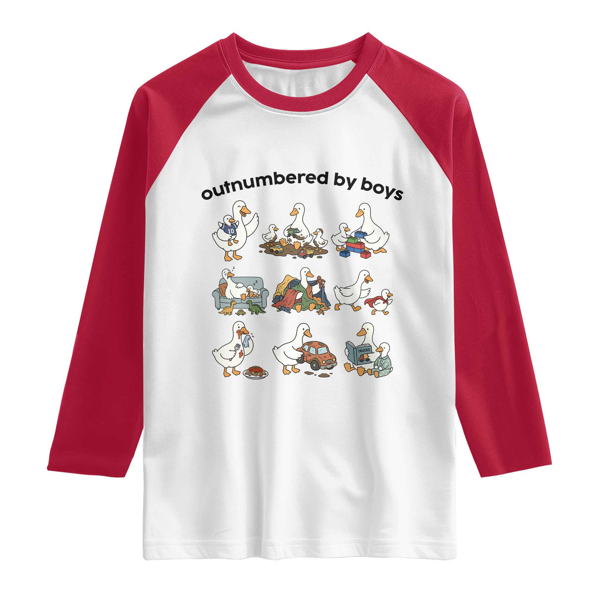 Outnumbered By Boys Funny Goose Mom Life Raglan Shirt Chaos Coordinator Motherhood Mothers Day Gag Gift TS02 White Red Print Your Wear