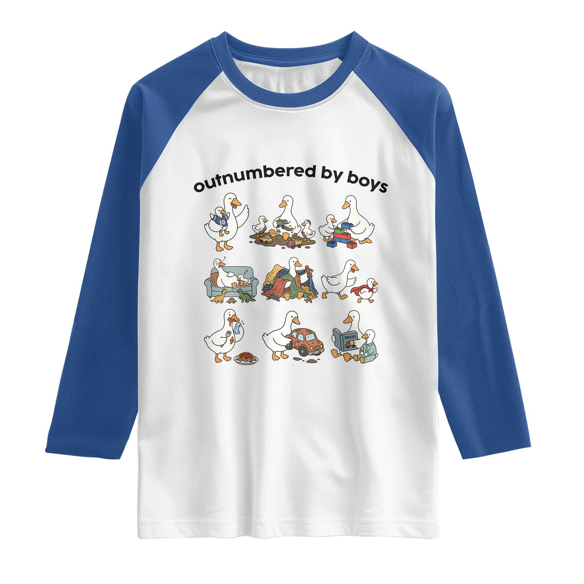 Outnumbered By Boys Funny Goose Mom Life Raglan Shirt Chaos Coordinator Motherhood Mothers Day Gag Gift TS02 White Royal Print Your Wear