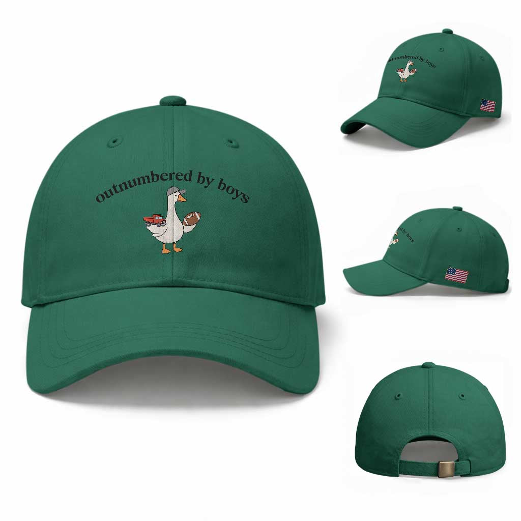 Outnumbered By Boys Cute Goose Sporty Mom Baseball Cap Football and Truck Motherhood Mothers Day Gag Gift TS02 Baseball Cap Universal Fit Irish Green Print Your Wear