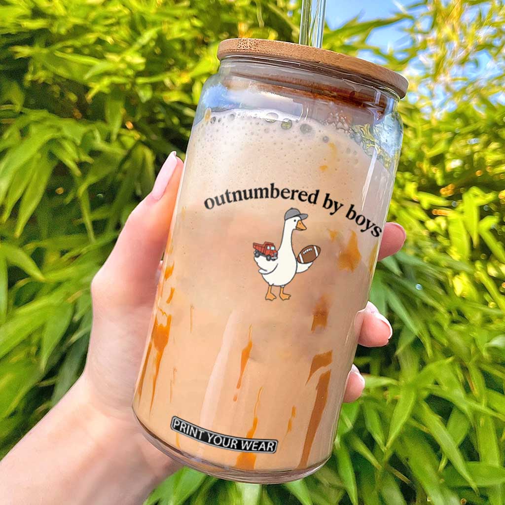 Outnumbered By Boys Cute Goose Sporty Mom Glass Can Football and Truck Motherhood Mothers Day Gag Gift TS02 White Print Your Wear