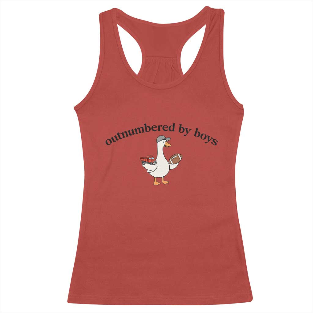 Outnumbered By Boys Cute Goose Sporty Mom Racerback Tank Top Football and Truck Motherhood Mothers Day Gag Gift TS02 Red Print Your Wear