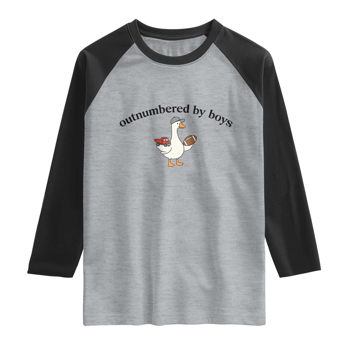 Outnumbered By Boys Cute Goose Sporty Mom Raglan Shirt Football and Truck Motherhood Mothers Day Gag Gift TS02 Heather Gray Black Print Your Wear