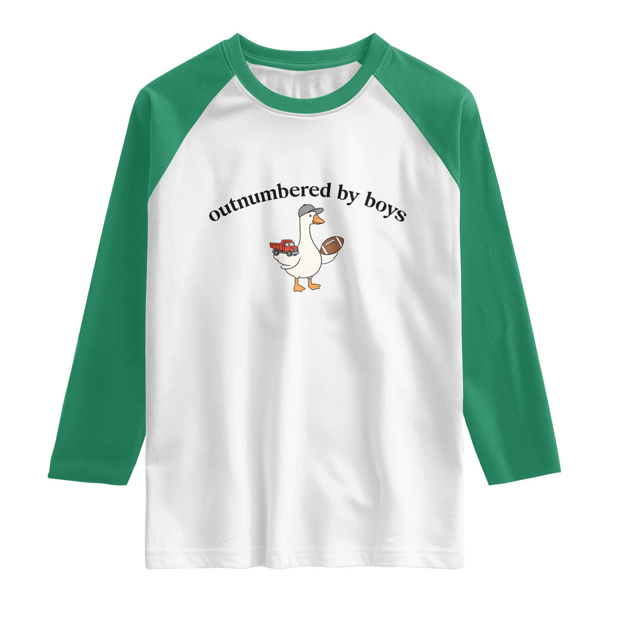 Outnumbered By Boys Cute Goose Sporty Mom Raglan Shirt Football and Truck Motherhood Mothers Day Gag Gift TS02 White Kelly Green Print Your Wear