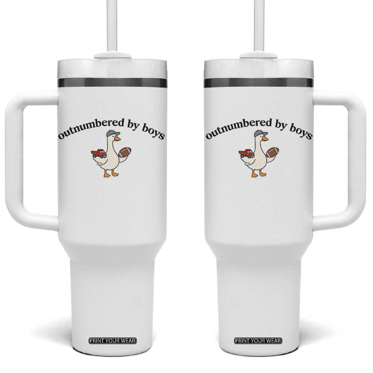 Outnumbered By Boys Cute Goose Sporty Mom Tumbler With Handle Football and Truck Motherhood Mothers Day Gag Gift TS02 One Size: 40 oz White Print Your Wear