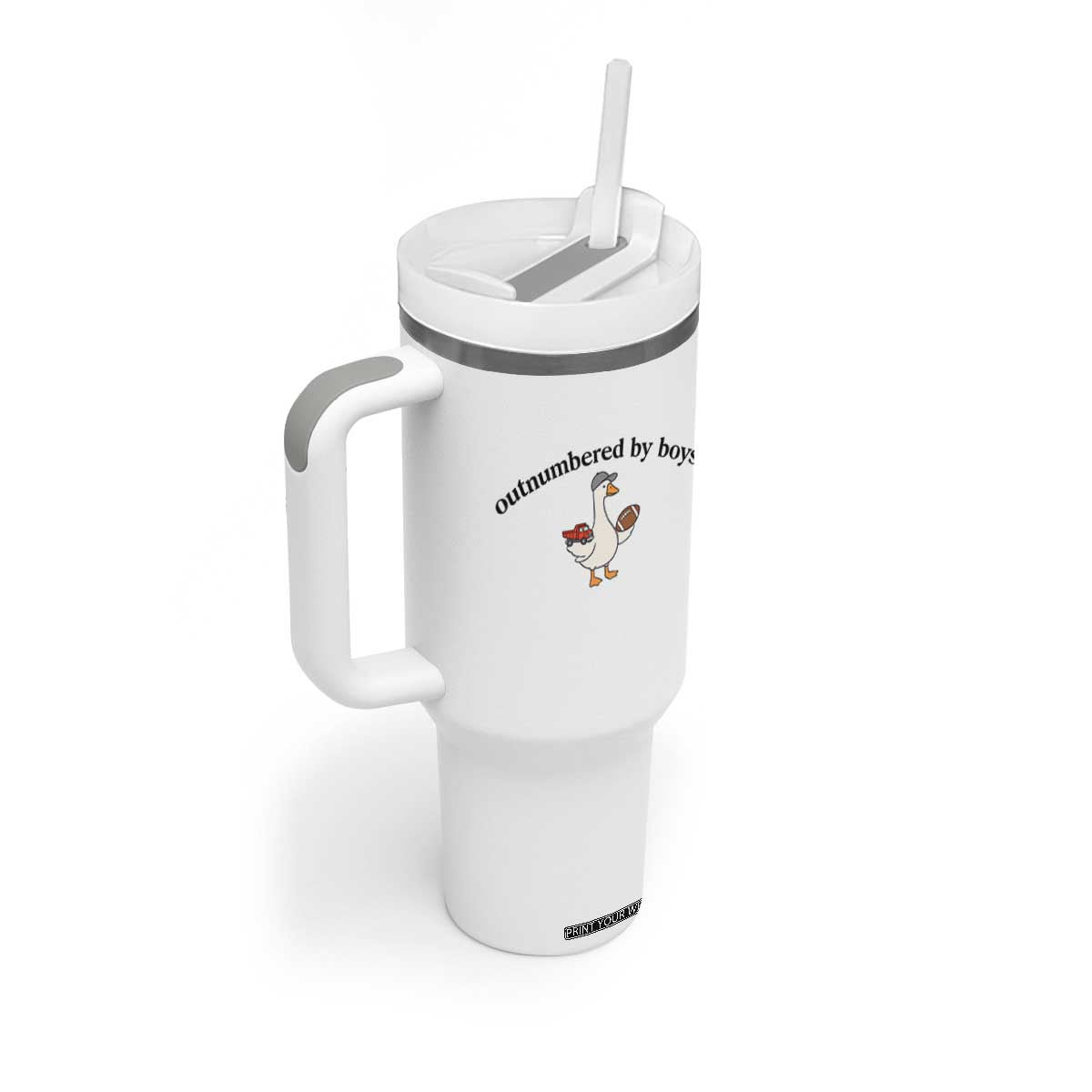 Outnumbered By Boys Cute Goose Sporty Mom Tumbler With Handle Football and Truck Motherhood Mothers Day Gag Gift TS02 Print Your Wear