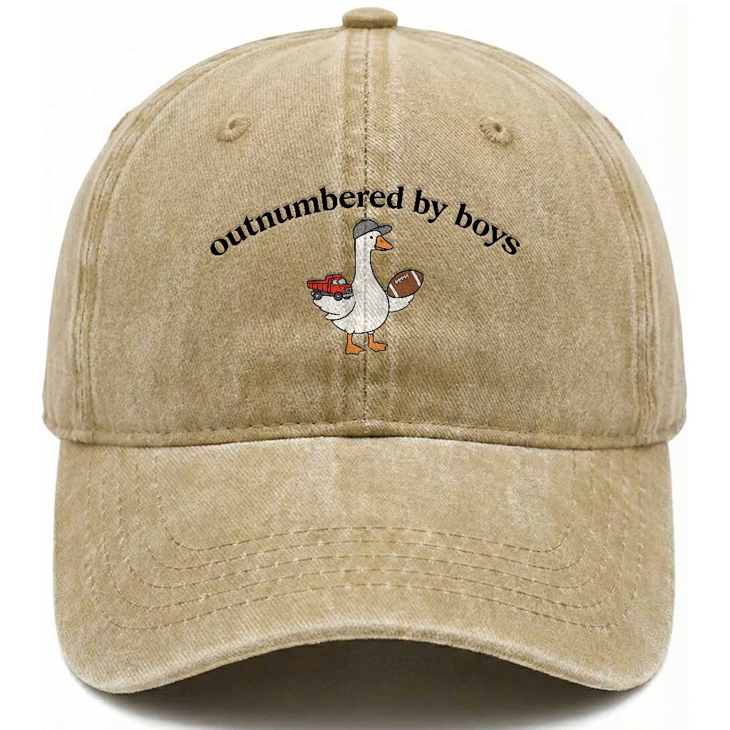 Outnumbered By Boys Cute Goose Sporty Mom Washed Cotton Baseball Cap Football and Truck Motherhood Mothers Day Gag Gift TS02 Print Your Wear