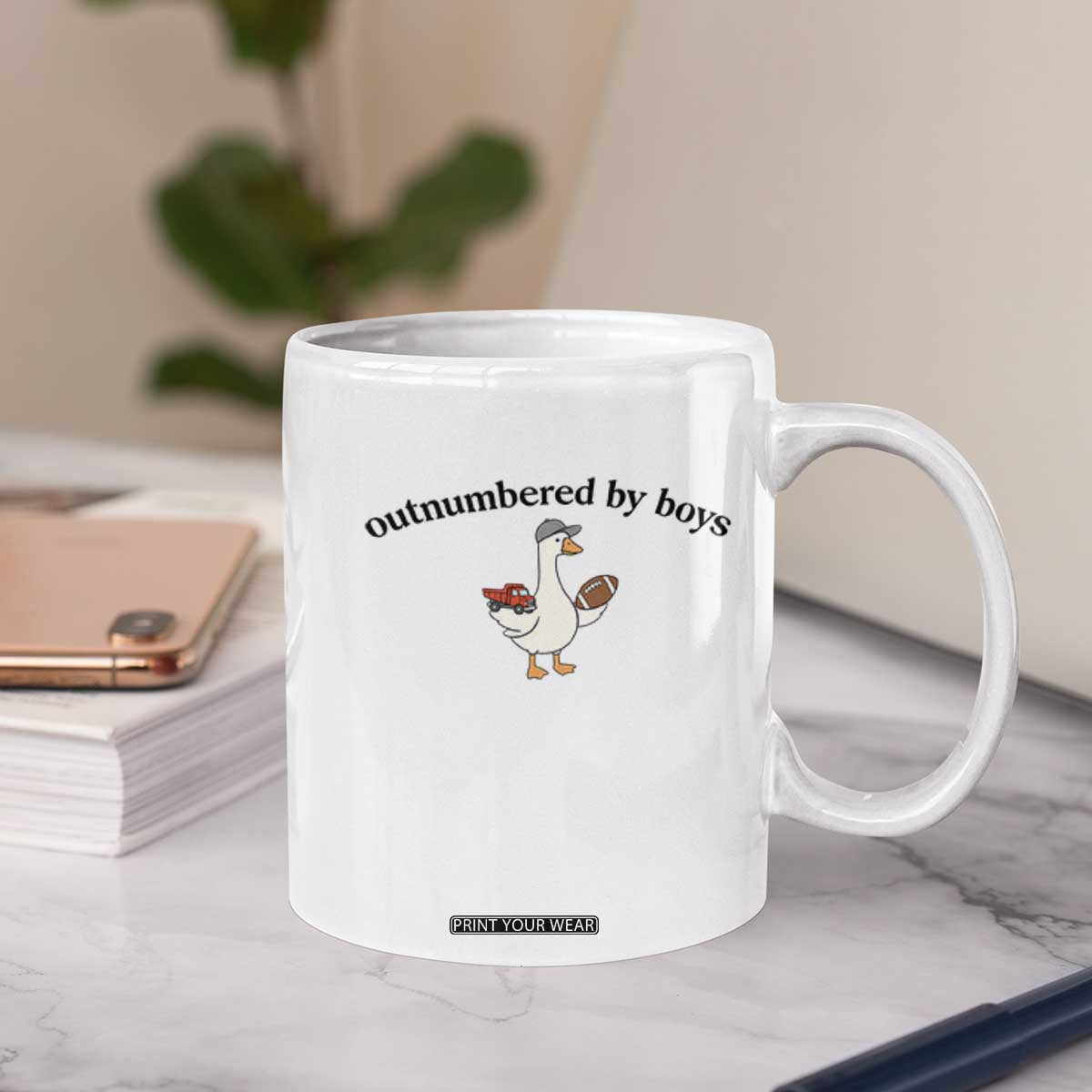 Outnumbered By Boys Cute Goose Sporty Mom Coffee Mug Football and Truck Motherhood Mothers Day Gag Gift TS02 Print Your Wear
