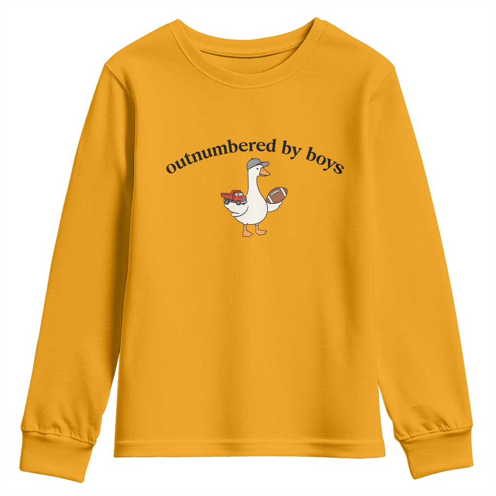Outnumbered By Boys Cute Goose Sporty Mom Youth Sweatshirt Football and Truck Motherhood Mothers Day Gag Gift TS02 Gold Print Your Wear