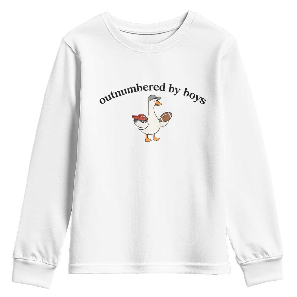 Outnumbered By Boys Cute Goose Sporty Mom Youth Sweatshirt Football and Truck Motherhood Mothers Day Gag Gift TS02 White Print Your Wear