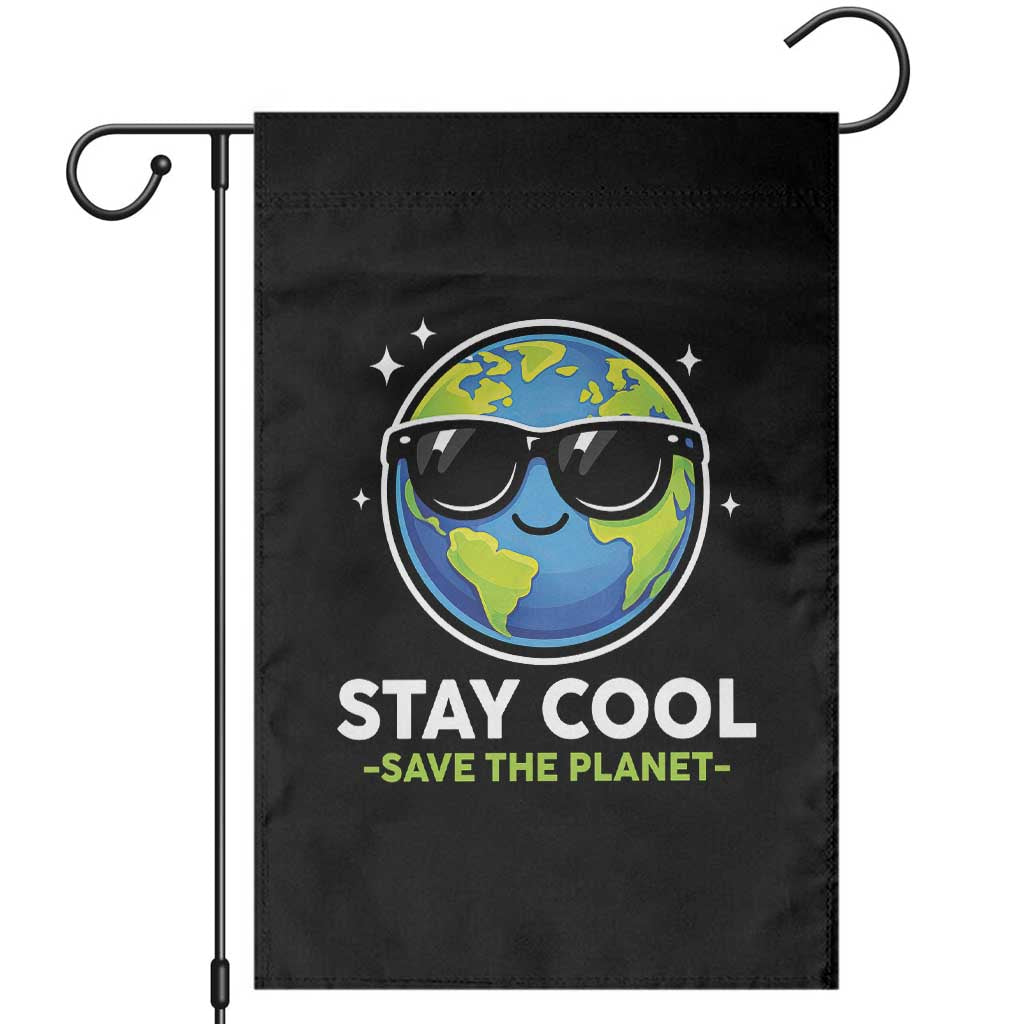 Stay Cool Save The Planet Eco-Friendly Earth Day Garden Flag Cute Cartoon Globe with Sunglasses for Environmental Awareness TS02 Black Print Your Wear