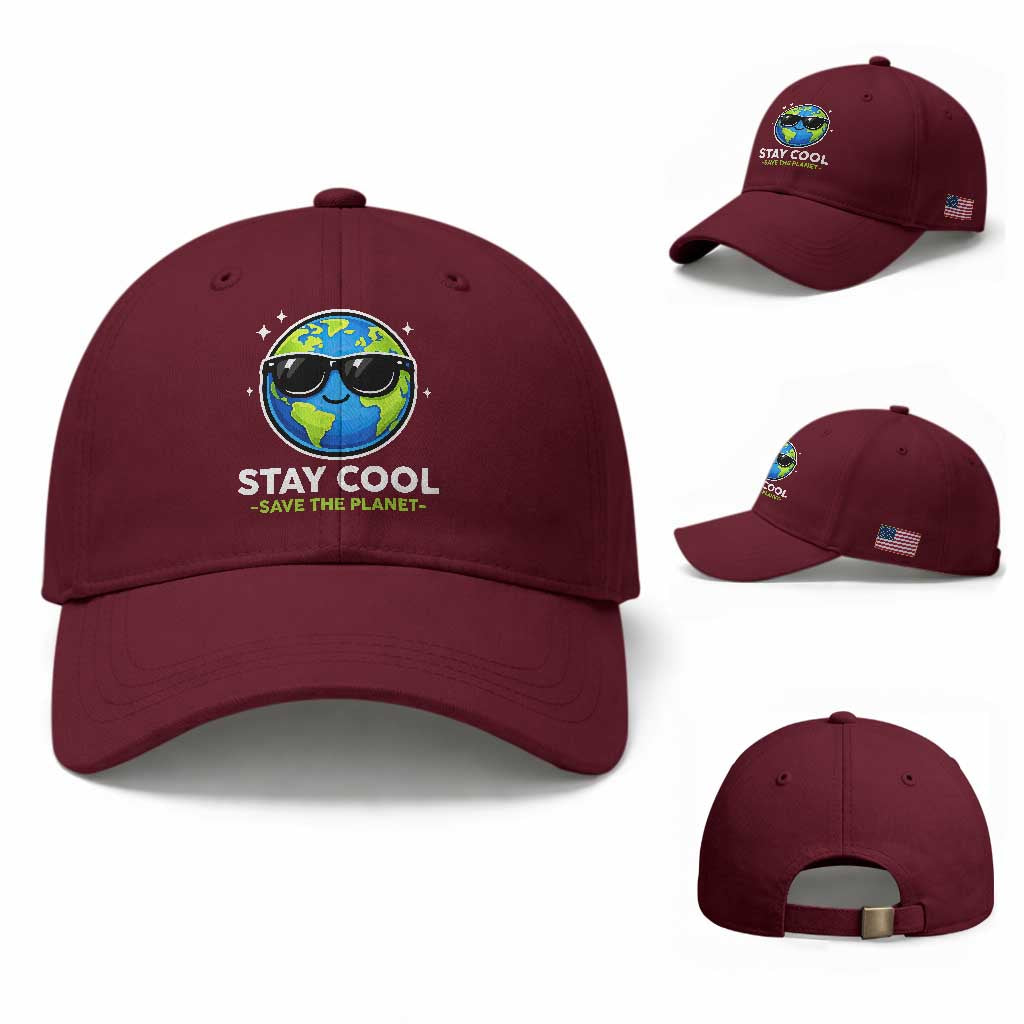 Stay Cool Save The Planet Eco-Friendly Earth Day Baseball Cap Cute Cartoon Globe with Sunglasses for Environmental Awareness TS02 Baseball Cap Universal Fit Maroon Print Your Wear