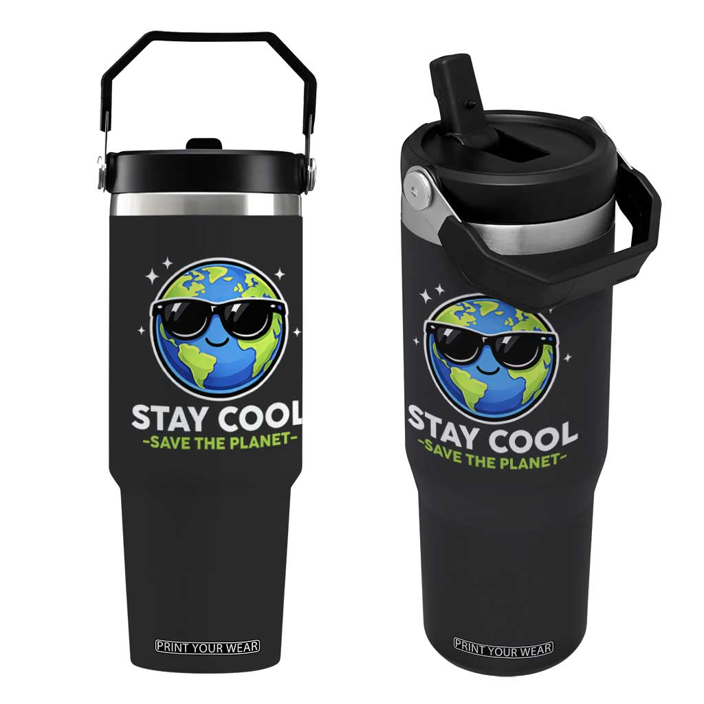 Stay Cool Save The Planet Eco-Friendly Earth Day Flip Straw Tumbler Cute Cartoon Globe with Sunglasses for Environmental Awareness TS02 One Size: 30 oz Black Print Your Wear
