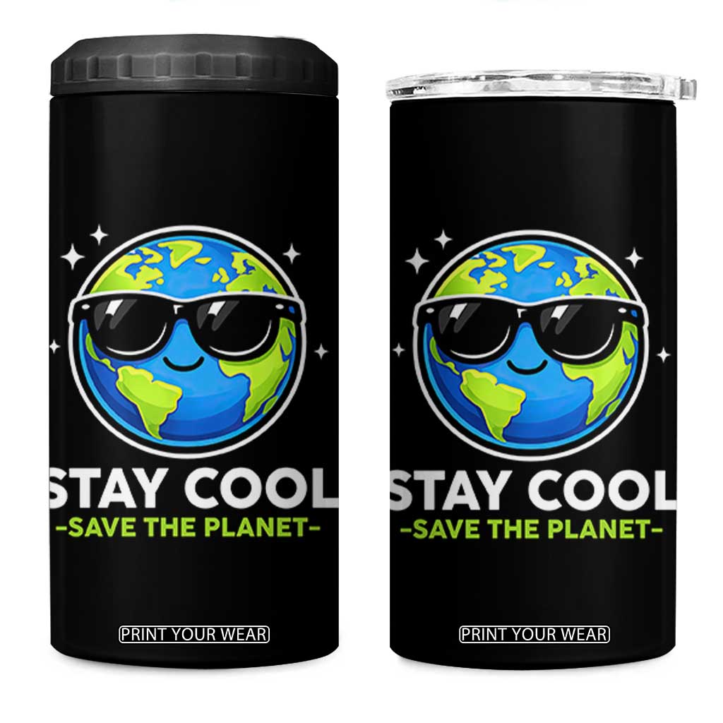 Stay Cool Save The Planet Eco-Friendly Earth Day 4 in 1 Can Cooler Tumbler Cute Cartoon Globe with Sunglasses for Environmental Awareness TS02 One Size: 16 oz Black Print Your Wear