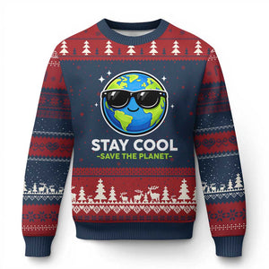 Stay Cool Save The Planet Eco-Friendly Earth Day Ugly Christmas Sweater Cute Cartoon Globe with Sunglasses for Environmental Awareness TS02 Navy Red Print Your Wear