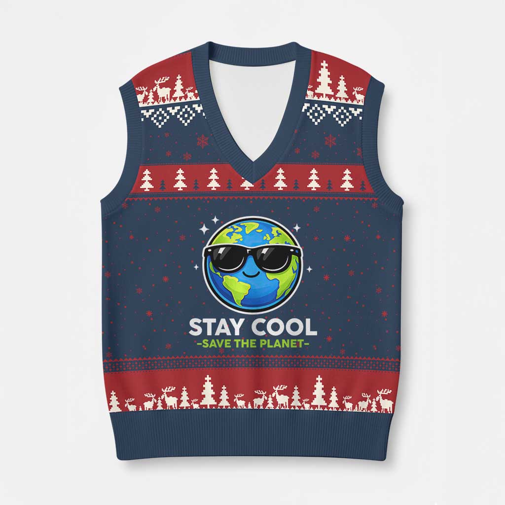 Stay Cool Save The Planet Eco-Friendly Earth Day V-Neck Knit Sweater Vest Cute Cartoon Globe with Sunglasses for Environmental Awareness TS02 Navy Red Print Your Wear