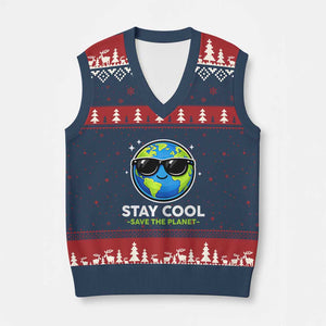Stay Cool Save The Planet Eco-Friendly Earth Day V-Neck Knit Sweater Vest Cute Cartoon Globe with Sunglasses for Environmental Awareness TS02 Navy Red Print Your Wear