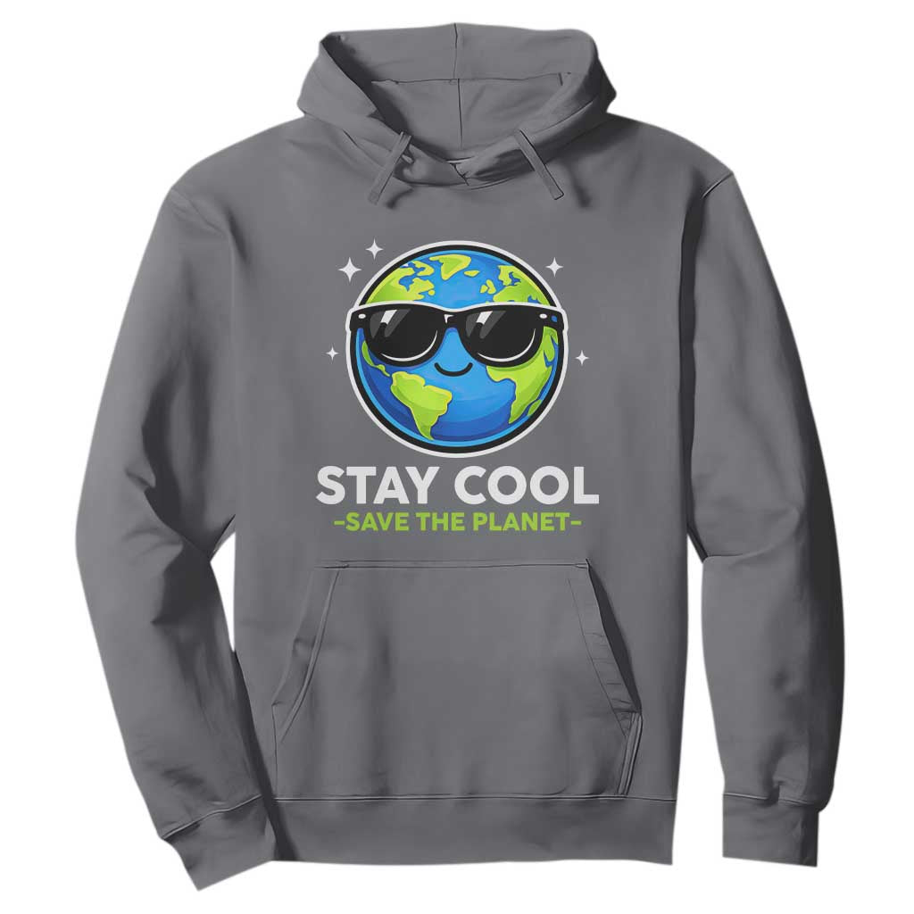 Stay Cool Save The Planet Eco-Friendly Earth Day Hoodie Cute Cartoon Globe with Sunglasses for Environmental Awareness TS02 Charcoal Print Your Wear