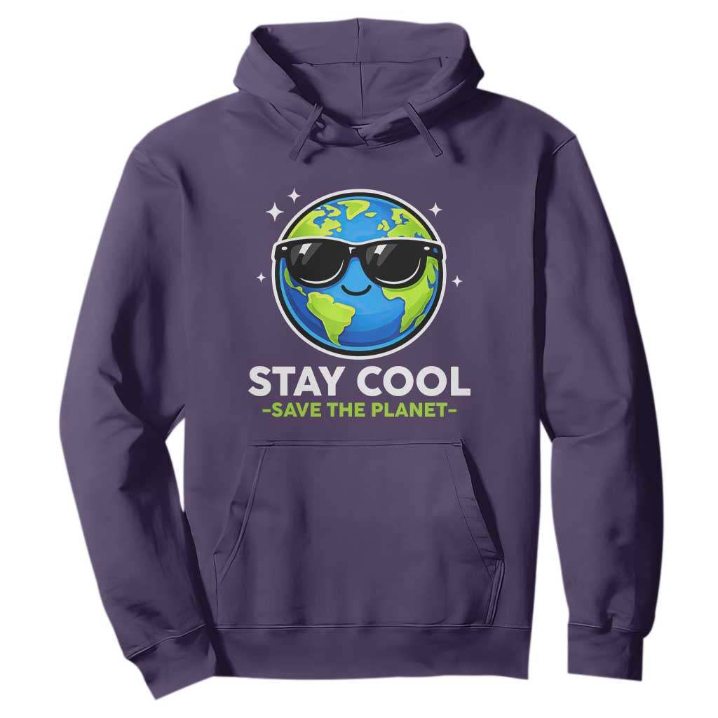 Stay Cool Save The Planet Eco-Friendly Earth Day Hoodie Cute Cartoon Globe with Sunglasses for Environmental Awareness TS02 Purple Print Your Wear