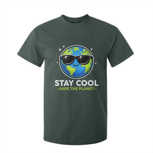 Stay Cool Save The Planet Eco-Friendly Earth Day T Shirt For Kid Cute Cartoon Globe with Sunglasses for Environmental Awareness TS02 Dark Forest Green Print Your Wear