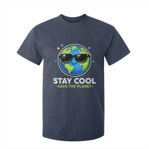 Stay Cool Save The Planet Eco-Friendly Earth Day T Shirt For Kid Cute Cartoon Globe with Sunglasses for Environmental Awareness TS02 Navy Print Your Wear
