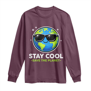 Stay Cool Save The Planet Eco-Friendly Earth Day Long Sleeve Shirt Cute Cartoon Globe with Sunglasses for Environmental Awareness TS02 Maroon Print Your Wear