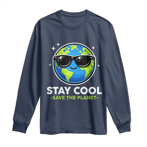 Stay Cool Save The Planet Eco-Friendly Earth Day Long Sleeve Shirt Cute Cartoon Globe with Sunglasses for Environmental Awareness TS02 Navy Print Your Wear