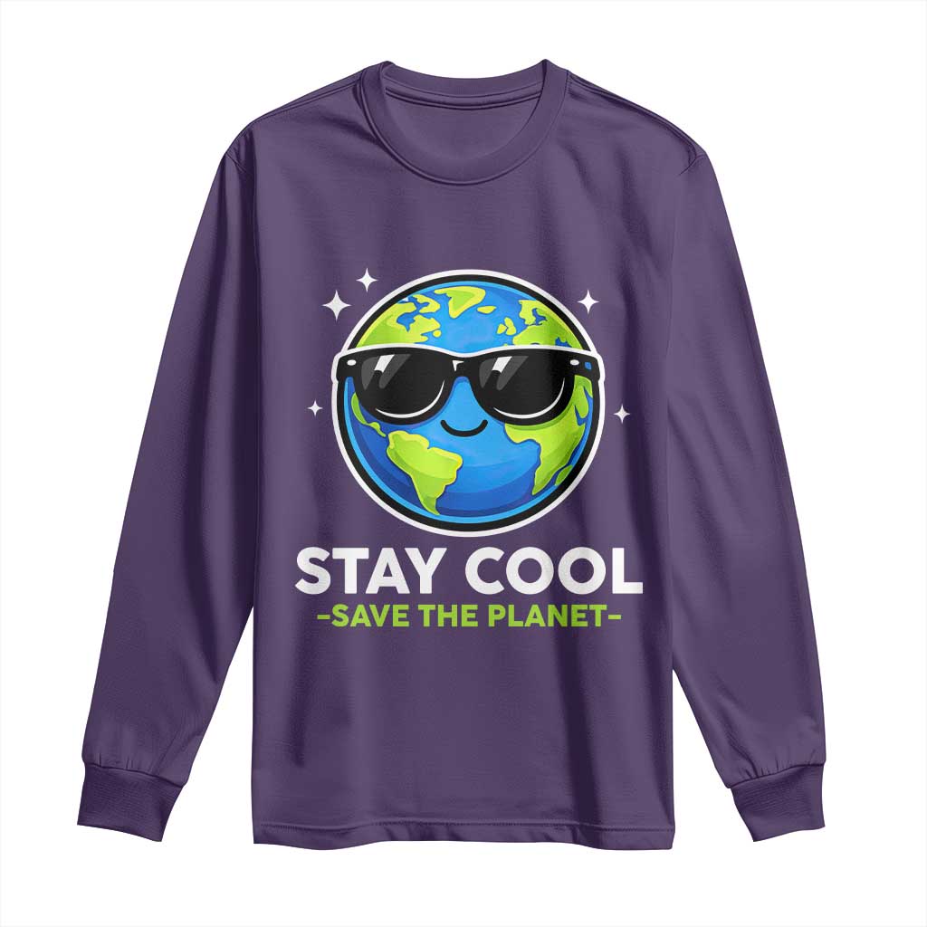 Stay Cool Save The Planet Eco-Friendly Earth Day Long Sleeve Shirt Cute Cartoon Globe with Sunglasses for Environmental Awareness TS02 Purple Print Your Wear