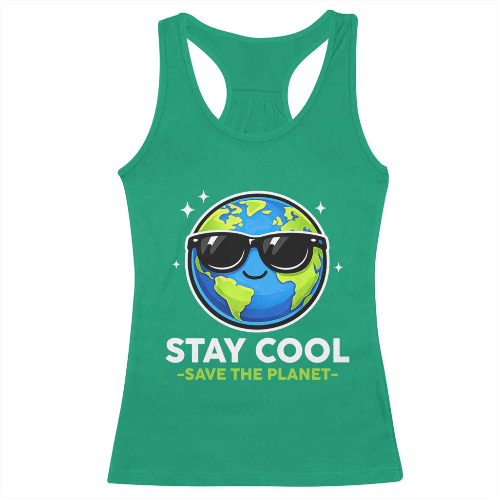 Stay Cool Save The Planet Eco-Friendly Earth Day Racerback Tank Top Cute Cartoon Globe with Sunglasses for Environmental Awareness TS02 Irish Green Print Your Wear