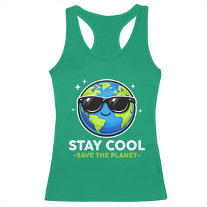 Stay Cool Save The Planet Eco-Friendly Earth Day Racerback Tank Top Cute Cartoon Globe with Sunglasses for Environmental Awareness TS02 Irish Green Print Your Wear