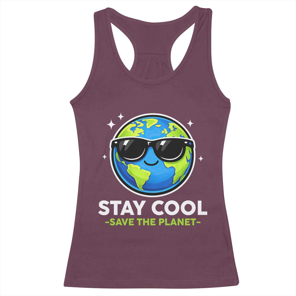 Stay Cool Save The Planet Eco-Friendly Earth Day Racerback Tank Top Cute Cartoon Globe with Sunglasses for Environmental Awareness TS02 Maroon Print Your Wear