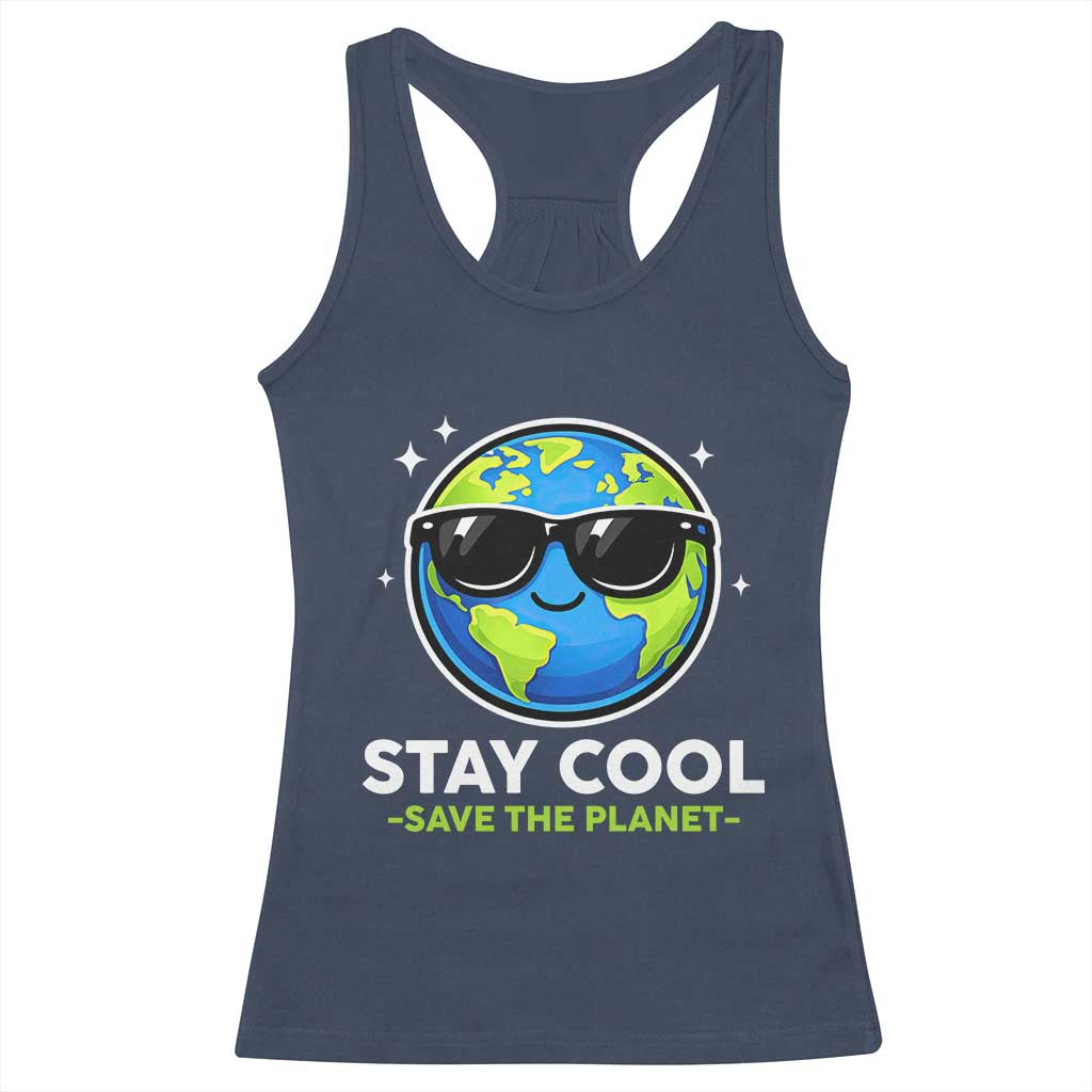 Stay Cool Save The Planet Eco-Friendly Earth Day Racerback Tank Top Cute Cartoon Globe with Sunglasses for Environmental Awareness TS02 Navy Print Your Wear