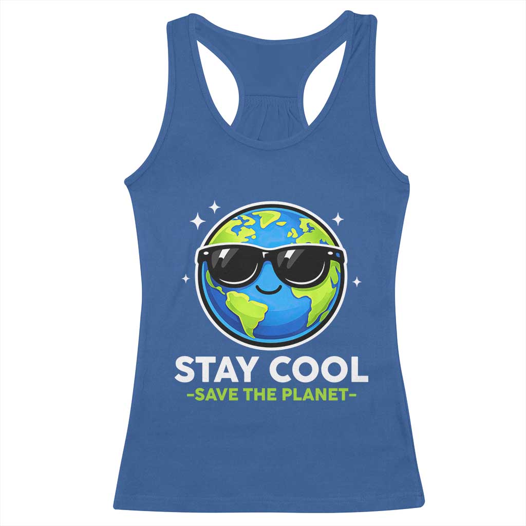 Stay Cool Save The Planet Eco-Friendly Earth Day Racerback Tank Top Cute Cartoon Globe with Sunglasses for Environmental Awareness TS02 Royal Blue Print Your Wear