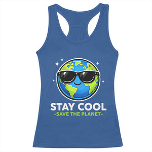Stay Cool Save The Planet Eco-Friendly Earth Day Racerback Tank Top Cute Cartoon Globe with Sunglasses for Environmental Awareness TS02 Royal Blue Print Your Wear