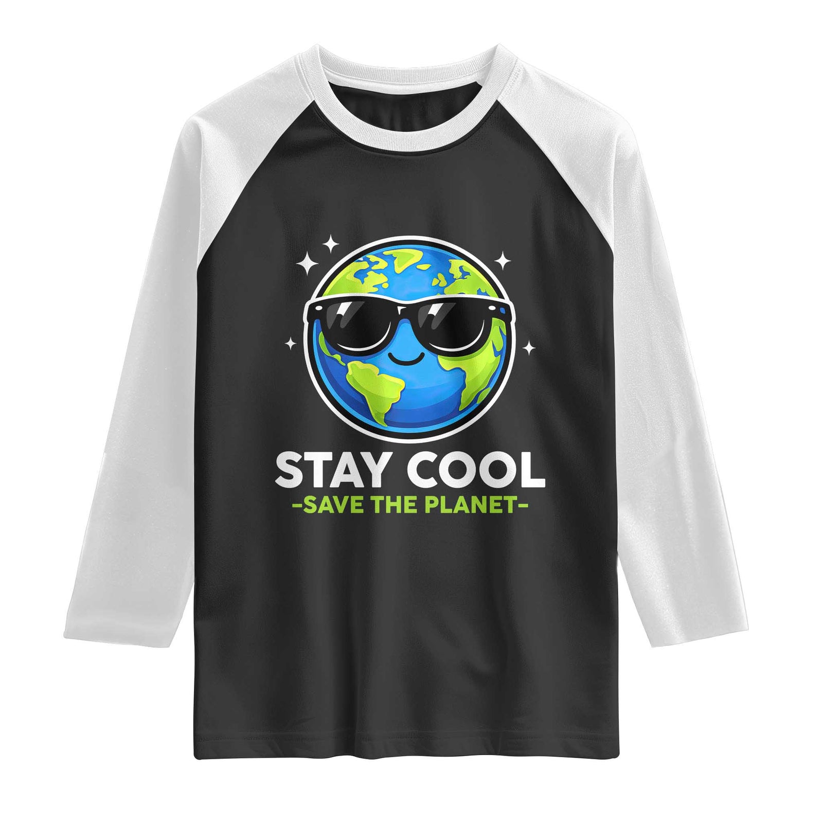 Stay Cool Save The Planet Eco-Friendly Earth Day Raglan Shirt Cute Cartoon Globe with Sunglasses for Environmental Awareness TS02 Black White Print Your Wear