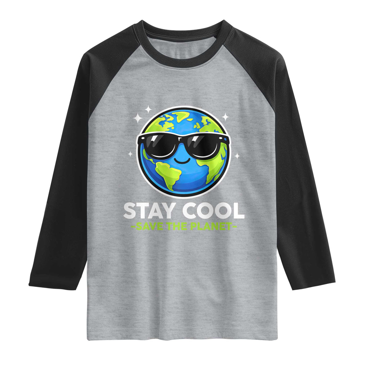 Stay Cool Save The Planet Eco-Friendly Earth Day Raglan Shirt Cute Cartoon Globe with Sunglasses for Environmental Awareness TS02 Heather Gray Black Print Your Wear
