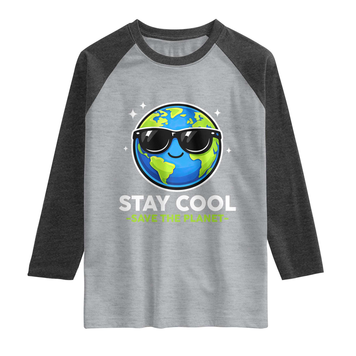 Stay Cool Save The Planet Eco-Friendly Earth Day Raglan Shirt Cute Cartoon Globe with Sunglasses for Environmental Awareness TS02 Heather Gray Heather Charcoal Print Your Wear