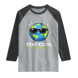 Stay Cool Save The Planet Eco-Friendly Earth Day Raglan Shirt Cute Cartoon Globe with Sunglasses for Environmental Awareness TS02 Heather Gray Heather Charcoal Print Your Wear