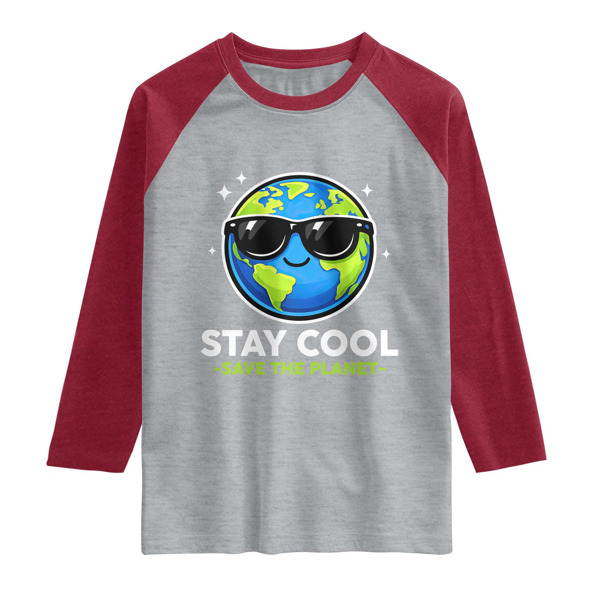 Stay Cool Save The Planet Eco-Friendly Earth Day Raglan Shirt Cute Cartoon Globe with Sunglasses for Environmental Awareness TS02 Heather Gray Heather Red Print Your Wear