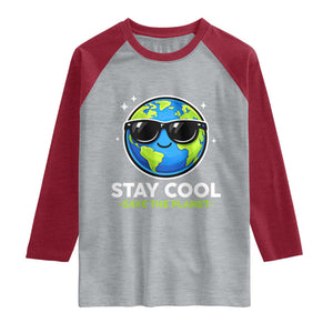 Stay Cool Save The Planet Eco-Friendly Earth Day Raglan Shirt Cute Cartoon Globe with Sunglasses for Environmental Awareness TS02 Heather Gray Heather Red Print Your Wear