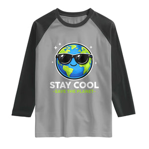 Stay Cool Save The Planet Eco-Friendly Earth Day Raglan Shirt Cute Cartoon Globe with Sunglasses for Environmental Awareness TS02 Sport Gray Black Print Your Wear