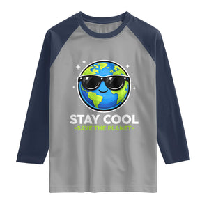 Stay Cool Save The Planet Eco-Friendly Earth Day Raglan Shirt Cute Cartoon Globe with Sunglasses for Environmental Awareness TS02 Sport Gray Navy Print Your Wear