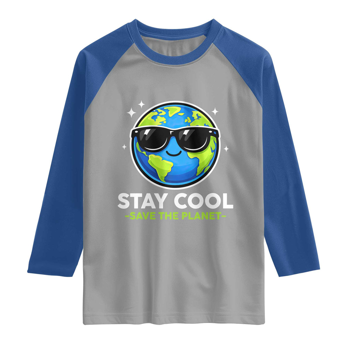 Stay Cool Save The Planet Eco-Friendly Earth Day Raglan Shirt Cute Cartoon Globe with Sunglasses for Environmental Awareness TS02 Sport Gray Royal Print Your Wear
