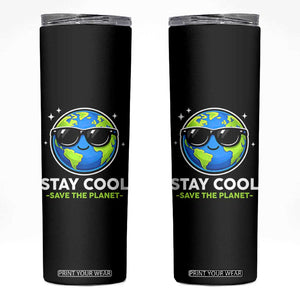 Stay Cool Save The Planet Eco-Friendly Earth Day Skinny Tumbler Cute Cartoon Globe with Sunglasses for Environmental Awareness TS02 Black Print Your Wear
