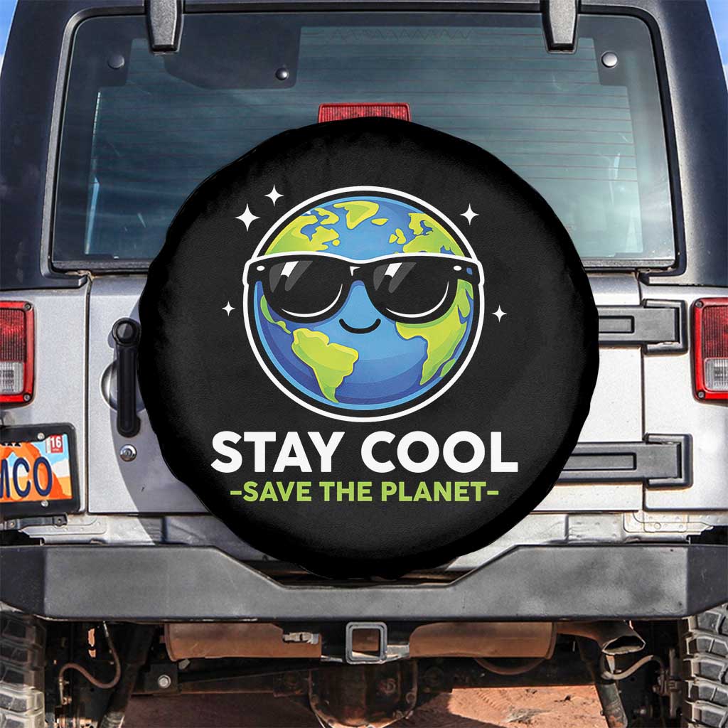 Stay Cool Save The Planet Eco-Friendly Earth Day Spare Tire Cover Cute Cartoon Globe with Sunglasses for Environmental Awareness TS02 No hole Black Print Your Wear