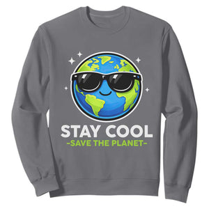 Stay Cool Save The Planet Eco-Friendly Earth Day Sweatshirt Cute Cartoon Globe with Sunglasses for Environmental Awareness TS02 Charcoal Print Your Wear
