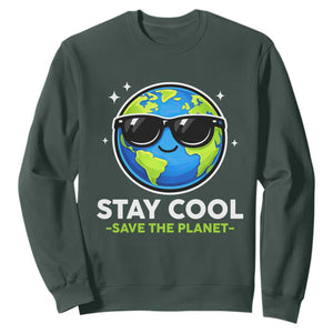 Stay Cool Save The Planet Eco-Friendly Earth Day Sweatshirt Cute Cartoon Globe with Sunglasses for Environmental Awareness TS02 Dark Forest Green Print Your Wear