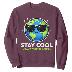 Stay Cool Save The Planet Eco-Friendly Earth Day Sweatshirt Cute Cartoon Globe with Sunglasses for Environmental Awareness TS02 Maroon Print Your Wear