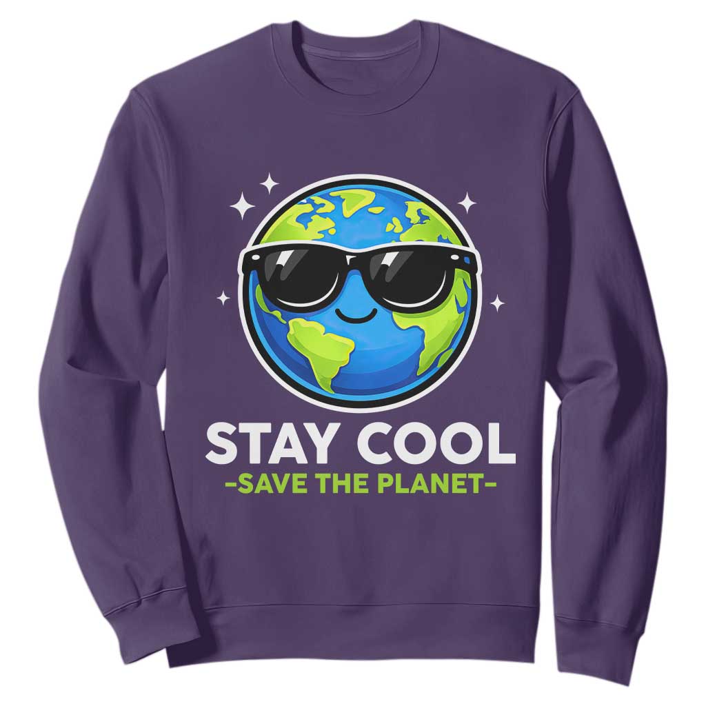 Stay Cool Save The Planet Eco-Friendly Earth Day Sweatshirt Cute Cartoon Globe with Sunglasses for Environmental Awareness TS02 Purple Print Your Wear
